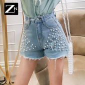 女高腰宽松毛边韩版 个性 钉珠2025夏季 浅色直筒牛仔短裤 新款 潮