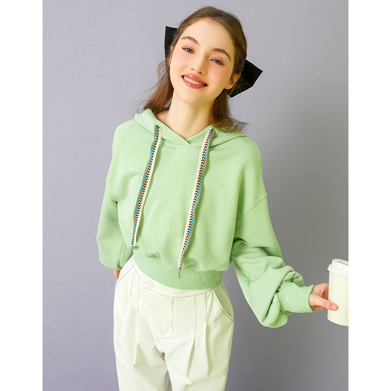 高腰短款卡腰卫衣女小个子宽松韩版别致套头连帽上衣2023早春新款