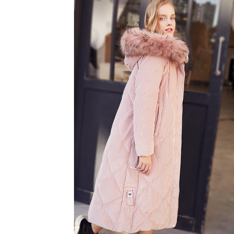 2024秋冬貉子大毛领灯芯绒羽绒服女长款过膝加厚超长防冻裂时尚