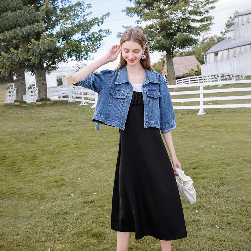 深蓝色牛仔短外套女宽松显瘦百搭泡泡袖短款上衣2024春秋新款