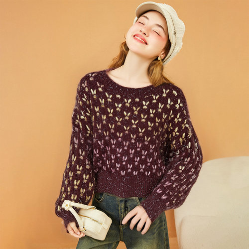 高级慵懒风绝美独特毛针织衫提花设计圆领毛衣上衣2025秋冬新款女