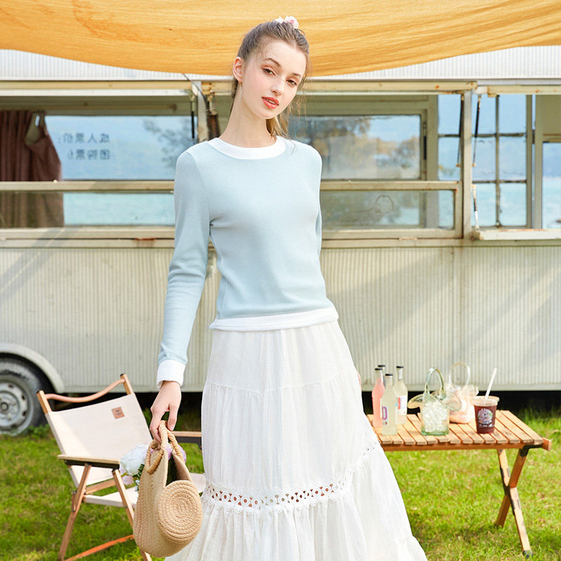 zklin2025新款法式设计感小众假两件长袖T恤女