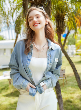 zk lin翻领牛仔外套蓝色刺绣上衣宽松薄款显瘦外搭春夏季新款2025