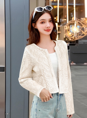 zk lin韩系温柔蕾丝提花短开衫女软糯针织外套气质优雅浪漫设计感