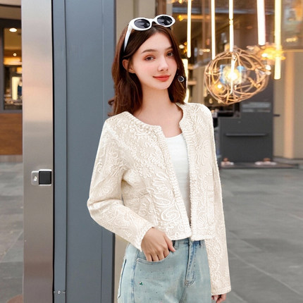 zk lin韩系温柔蕾丝提花短开衫女软糯针织外套气质优雅浪漫设计感