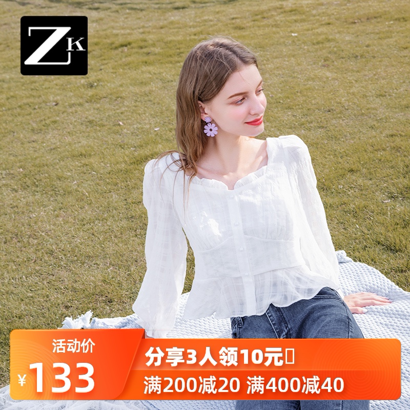 ZK法式方领锁骨上衣女心机设计感遮肚显瘦雪纺衫小衫收腰裙摆洋气