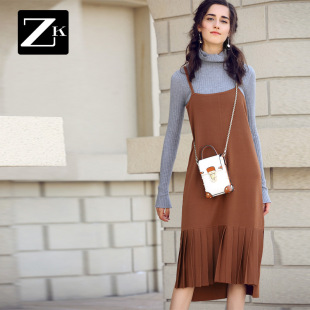 新款 针织吊带连衣裙女宽松百搭不规则前短后长韩版 裙子2020秋装