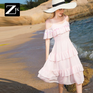 ZK中长款露肩吊带连衣裙荷叶边高腰粉色裙少女心仙女裙2025夏装款