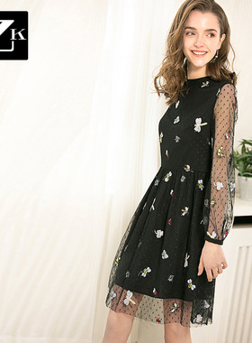 WP高腰印花连衣裙女长袖网纱拼接透视小心机a字裙秋装2019新款女