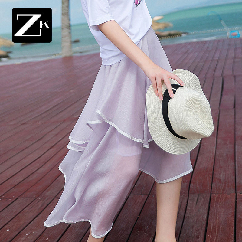 紫色不规则雪纺半身裙女设计感小众中长款a字裙荷叶边裙子2025