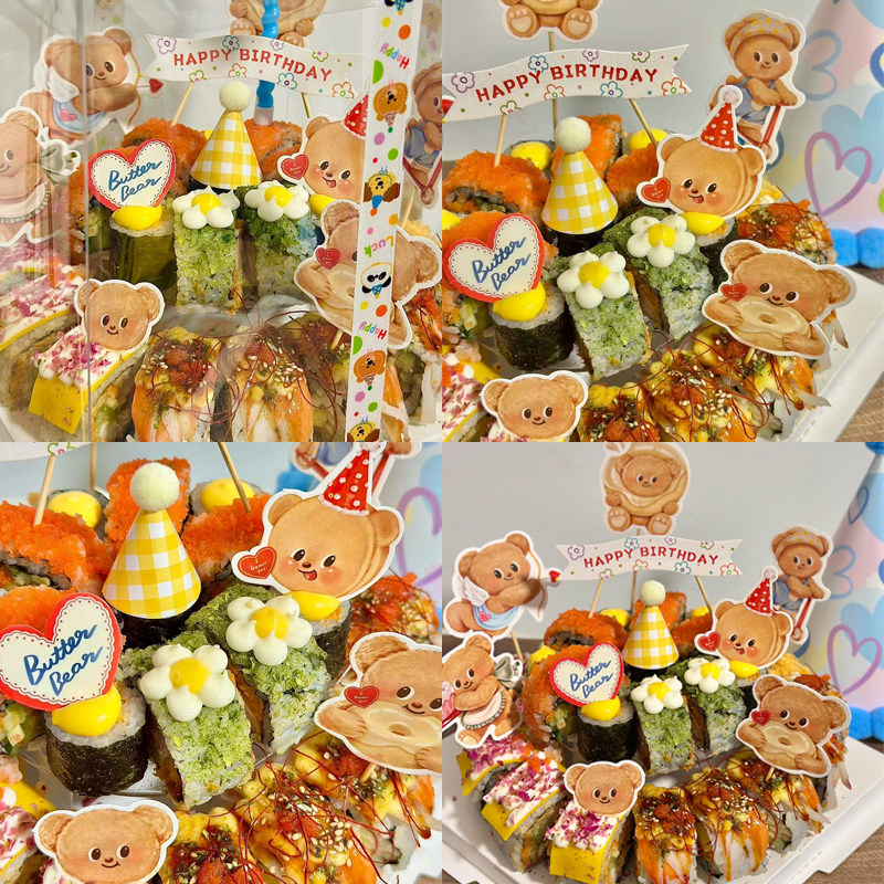 创意DIY寿司黄油小熊插件插牌儿童生日蛋糕装饰装扮迷你帽花朵