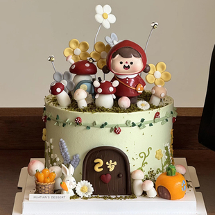 森系小红帽女孩采蘑菇 饰 小女孩拎包女孩蘑菇兔子摆件生日蛋糕装