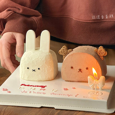 高级感2.14情人节立体情侣熊兔蛋糕装饰可爱款小熊饼干蝴蝶结蜡烛