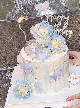 网红唯美蓝色玫瑰花蛋糕装饰简约女神仙女糯米纸蝴蝶翻糖蛋糕插件