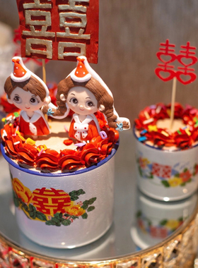 复古风红色系年代感结婚订婚喜字茶缸蛋糕蛋糕甜品杯