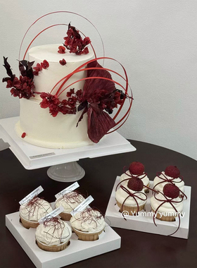 红色系新中式结婚甜品台蛋糕装饰竹条烧边球花纸杯竹条DIY装扮