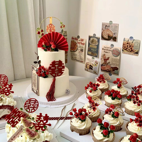 新中式结婚蛋糕木质屏风文字