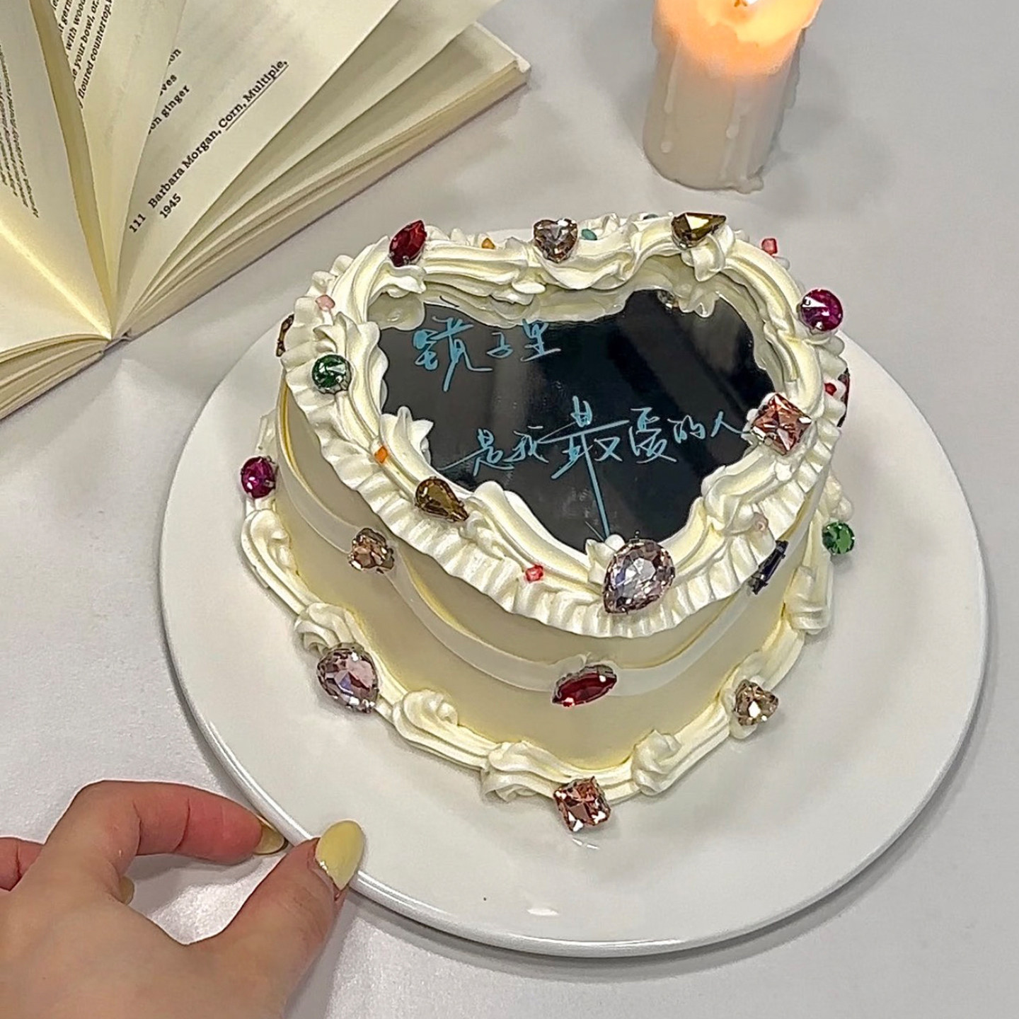 浪漫镜面爱心彩钻宝石蛋糕装饰女神生日纪念日心形钻石镶钻甜品