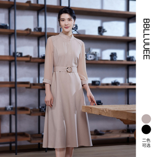 优雅拼接纱袖 粉蓝衣橱秋装 BBLLUUEE 大气立领连衣裙 商场同款