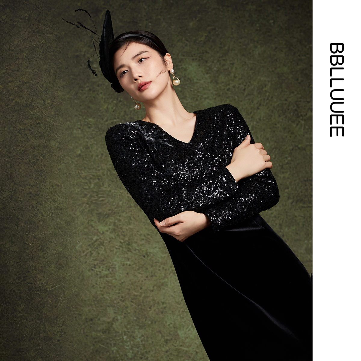 竹曳清影 华丽感礼服 刺绣珠片丝绒连衣裙