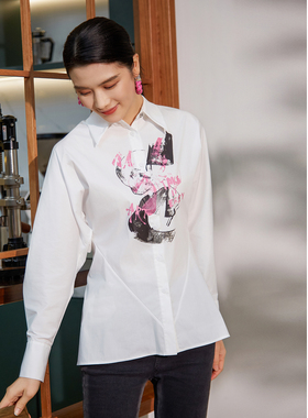 BBLLUUEE/粉蓝衣橱抽象泼墨印花白衬衫女2025春装新款宽松ol上衣