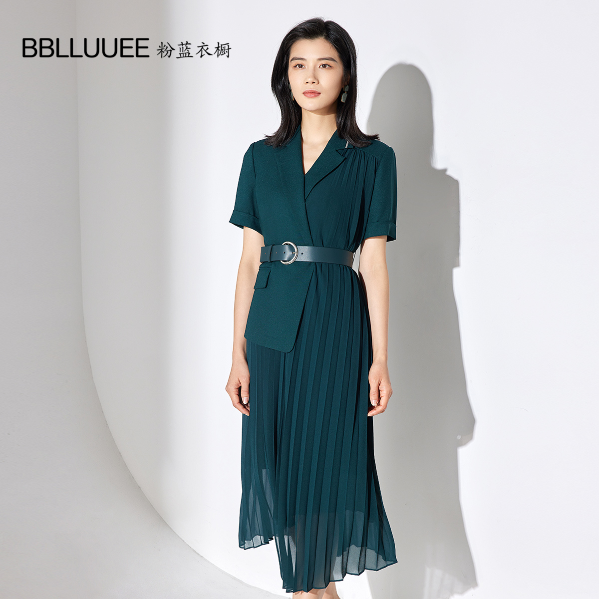 解构感百褶 假两件连衣裙 西装百褶纱裙