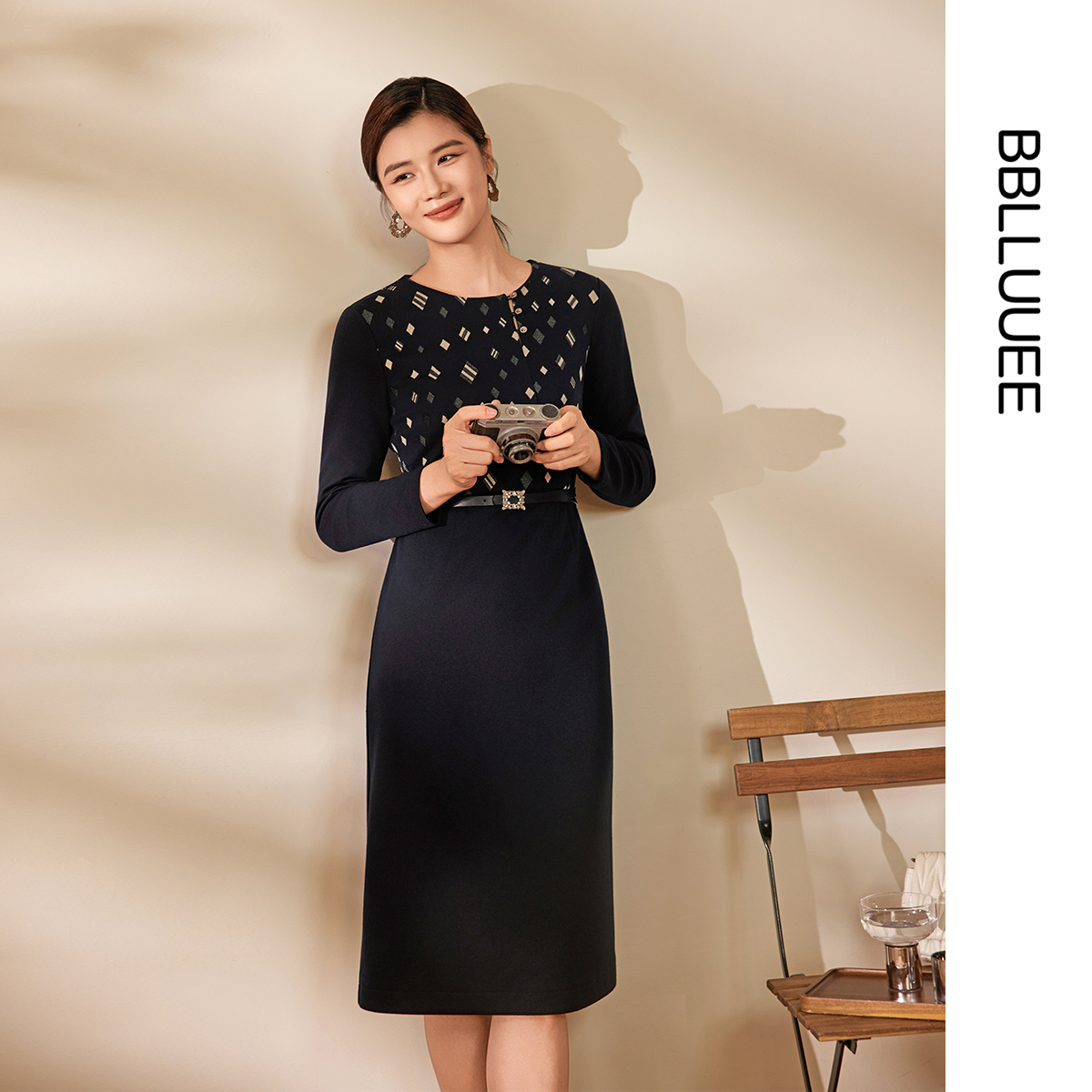 针织提花 复古气质拼接针织连衣裙