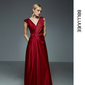 粉蓝衣橱深V领宴会礼服连衣裙 BBLLUUEE 商场同款 高定礼服长裙