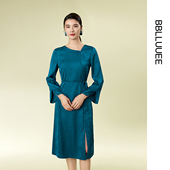 国风水袖 连衣裙 BBLLUUEE 粉蓝衣橱2025秋新款 宽松缎面印花裙