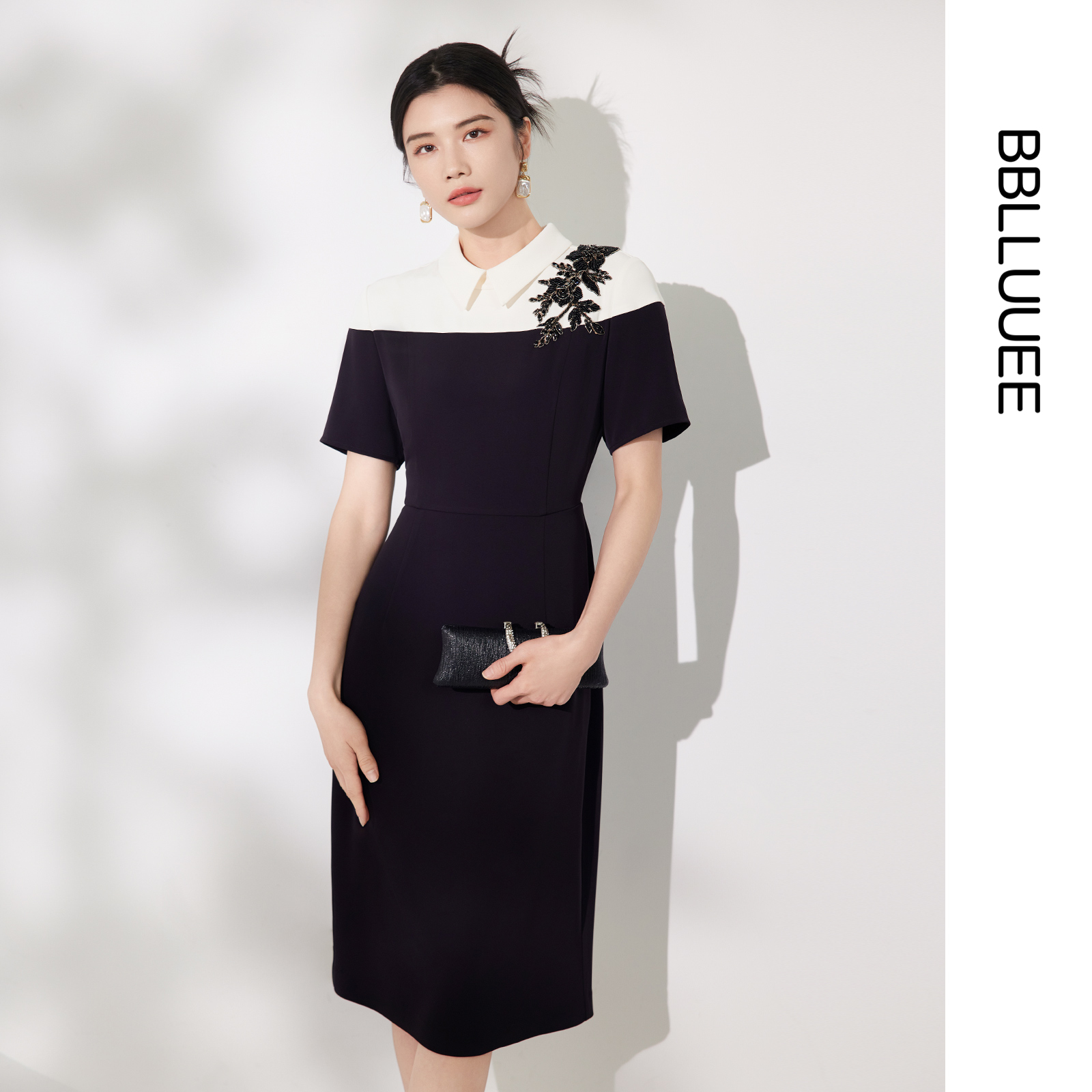 【商场同款】BBLLUUEE粉蓝衣橱2025夏装复古黑白撞色轻礼服连衣裙