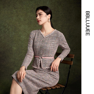 雅致香风肌理假两件套女针织连衣裙 粉蓝衣橱2025冬装 绮格焕彩