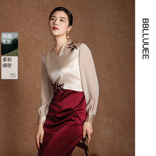 国风刺绣拼接宴会礼服连衣裙女 粉蓝衣橱春秋装 馥郁东方醋酸裙