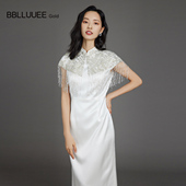 BBLLUUEE 礼服连衣裙钉珠立领披巾裙 粉蓝衣橱原创设计精致短包袖