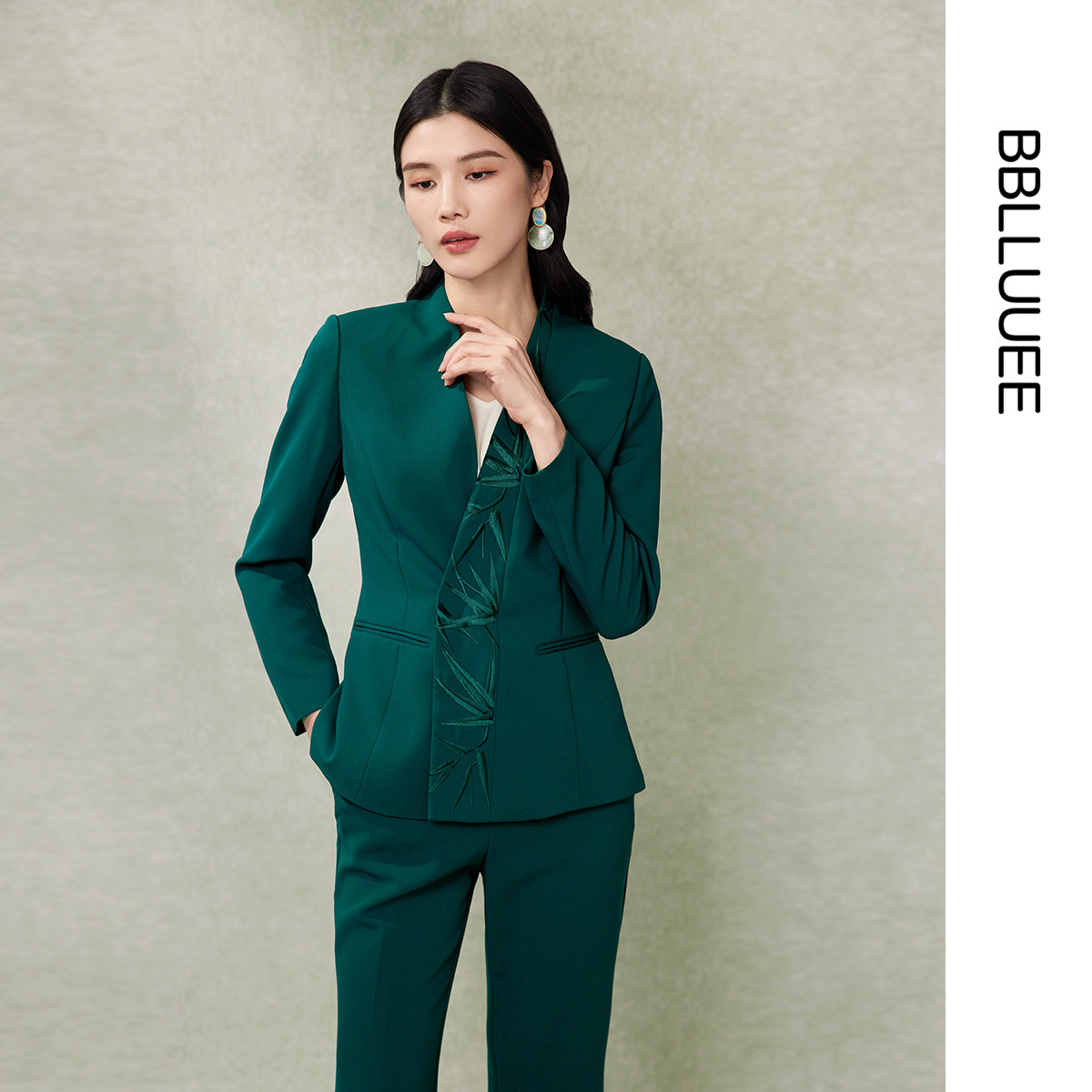 【刺绣西装套装】粉蓝衣橱2025秋东方感竹纹设计西装喇叭裤两件套,女装/女士精品,时尚套装,淘宝优惠券,粉丝福利购,淘宝优惠卷