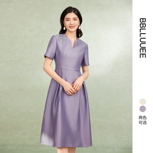 BBLLUUEE/粉蓝衣橱重工钉珠礼服裙夏女装轻薄光感精致短袖连衣裙
