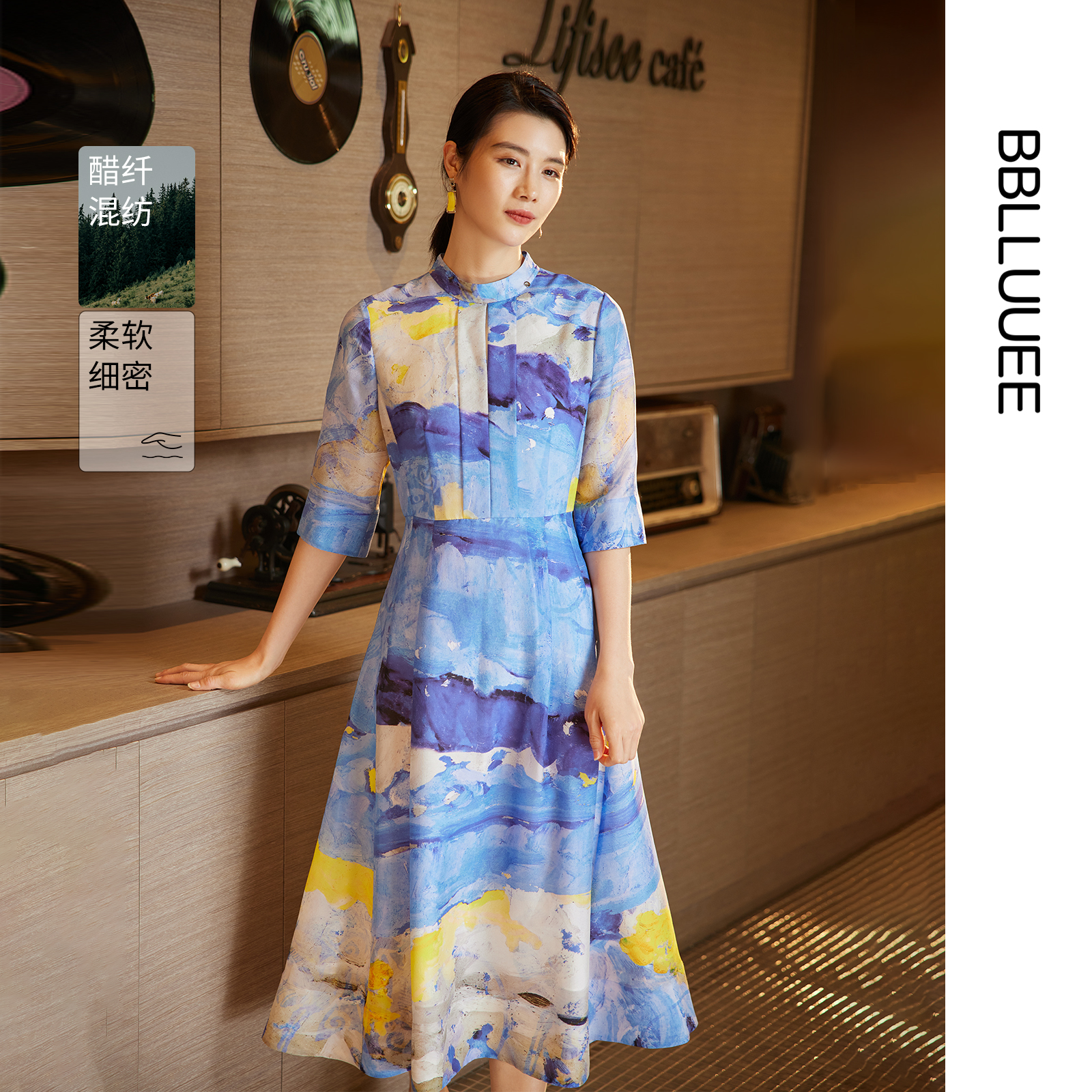 油画印花 商场同款 新中式立领醋酸连衣裙