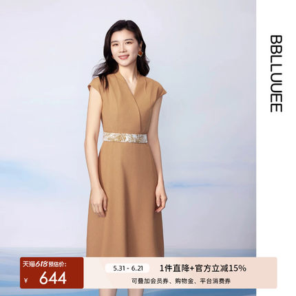 BBLLUUEE/粉蓝衣橱2026夏装新款气质通勤交叠v领盖袖印花连衣裙女