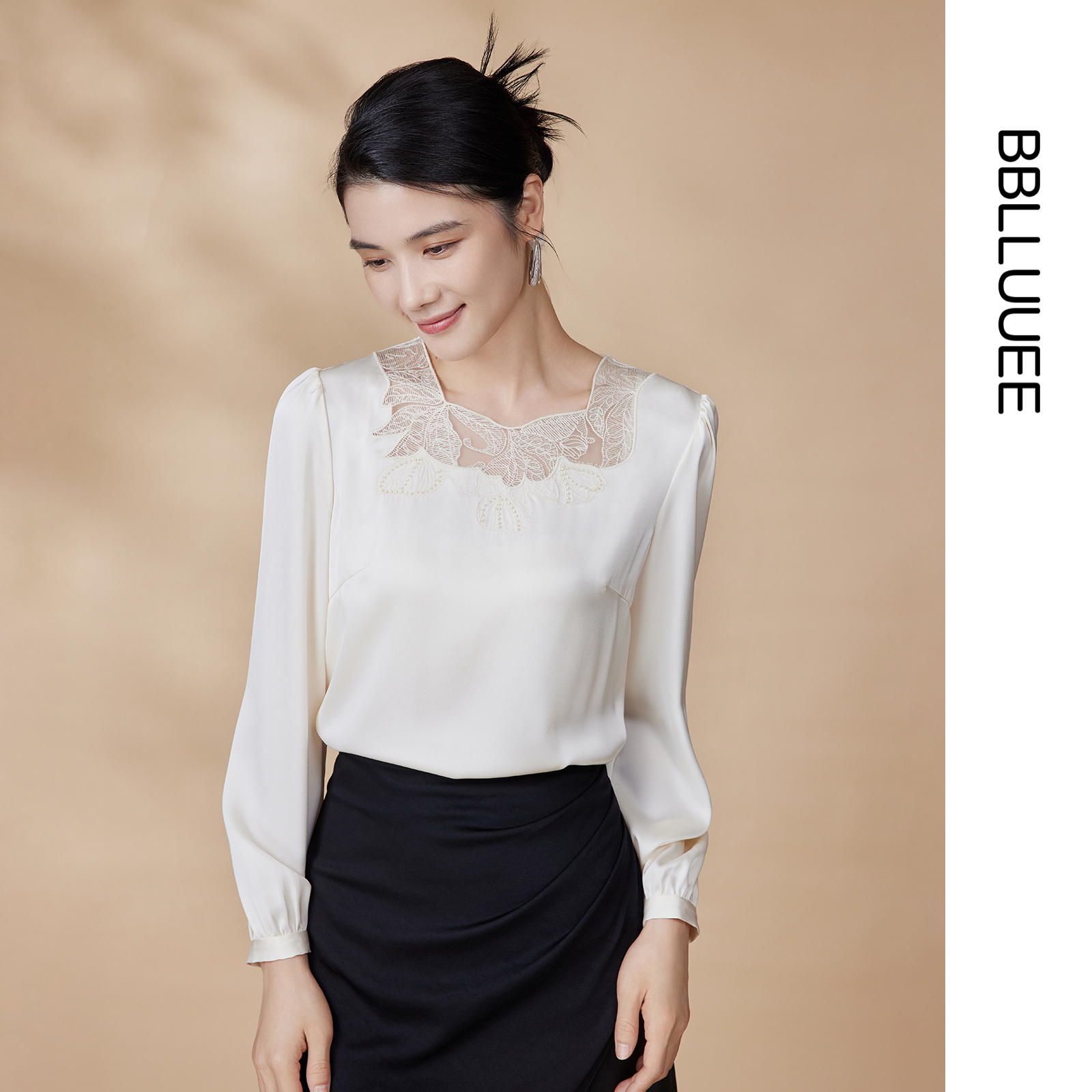 时尚优雅 光感缎面衬衫 蕾丝贴花气质上衣