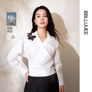 墨池秋 轻复古撞色贴花长袖 粉蓝衣橱2025年秋装 法式 女衬衫 新款