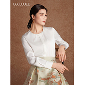 皓月白 BBLLUUEE 粉蓝衣橱2026春夏新款 ol百搭圆领缎面衬衫 女