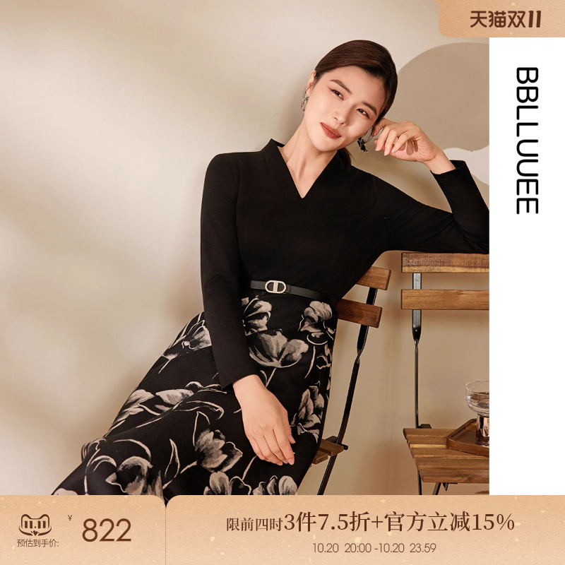 【墨韵提花】BBLLUUEE/粉蓝衣橱2025秋冬女装新款针织拼接连衣裙