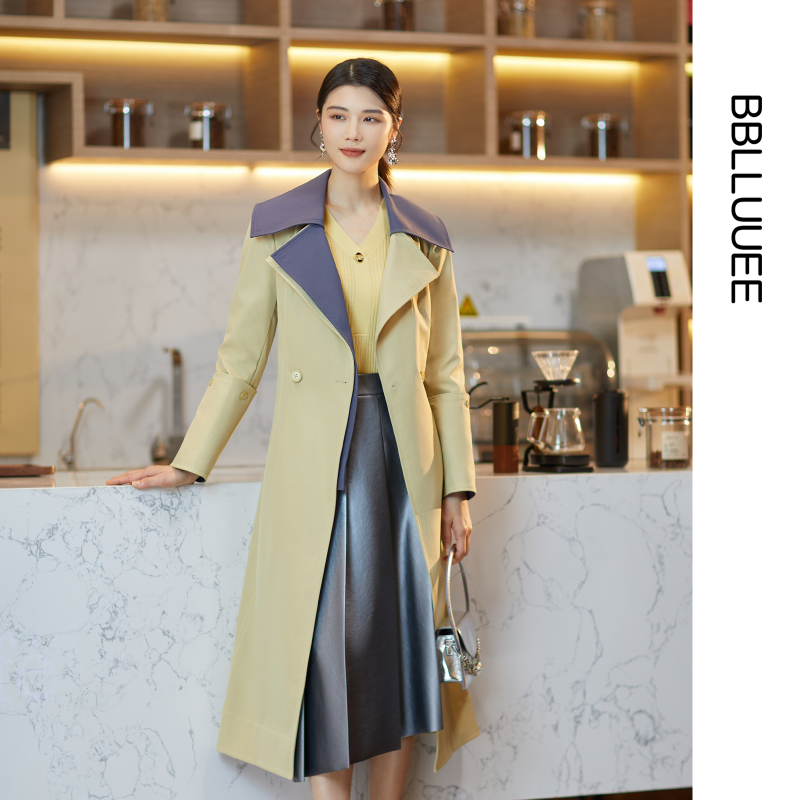 商场同款 英伦风不对称 撞色长风衣