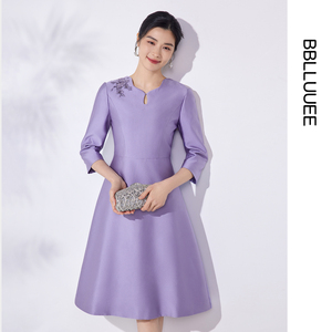 BBLLUUEE粉蓝衣橱优雅绣花礼服裙女2026春秋装轻奢七分袖连衣裙女