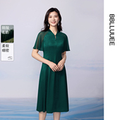 国风拂岚翠 粉蓝衣橱2025夏装 新款 醋酸缎面飘纱短袖 立领连衣裙