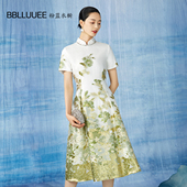 BBLLUUEE粉蓝衣橱改良旗袍风提花礼服裙女2025夏装 宴会短袖 连衣裙