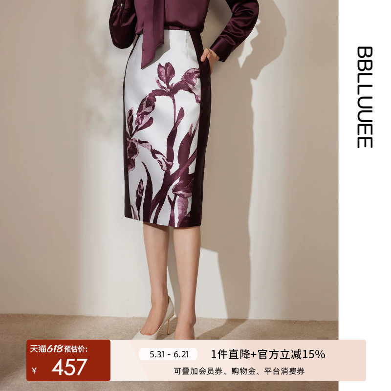 BBLLUUEE/粉蓝衣橱春春秋装定位印花雅致东方感直筒花瓶半身裙女