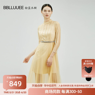 透视肩颈A字裙 新款 粉蓝衣橱薄纱小仙女连衣裙2024春秋装 BBLLUUEE