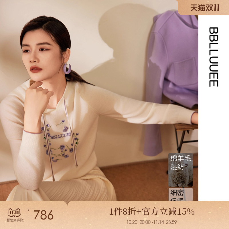 手绘格桑花​ 连帽套头印花 休闲羊毛毛衫