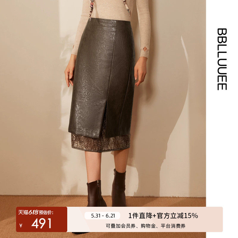 【经典直筒廓形】BBLLUUEE/粉蓝衣橱2025冬女装复古气质皮半身裙