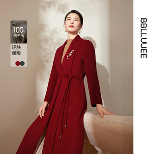 新款 粉蓝衣橱2025冬装 复古大翻领外套女全羊毛长大衣 简约大气